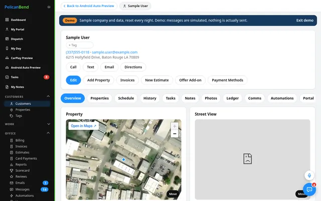 Customer page with properties and tabs (demo company)