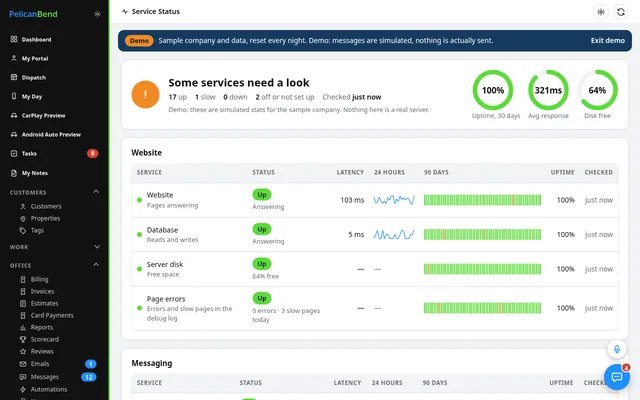 Service Status for texting, payments and email (demo company)